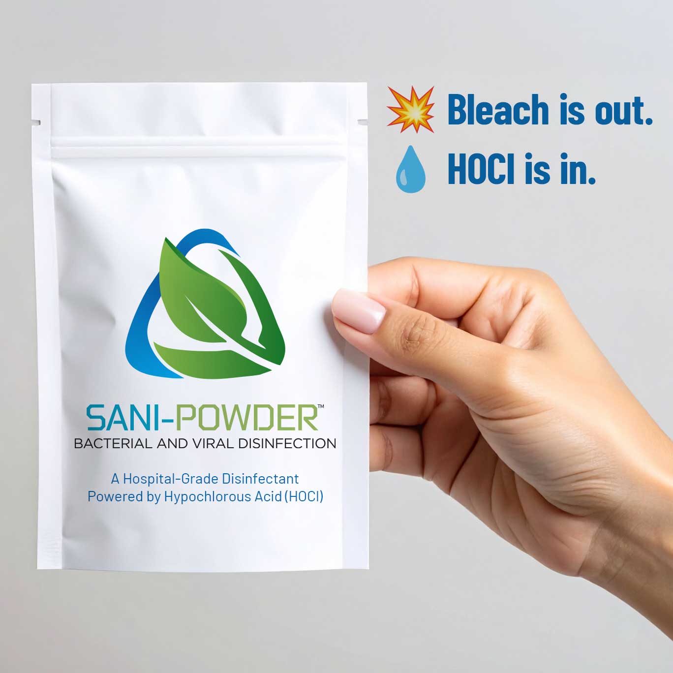 Hand holding a Sani-Powder packet with promotional text about HOCI.
