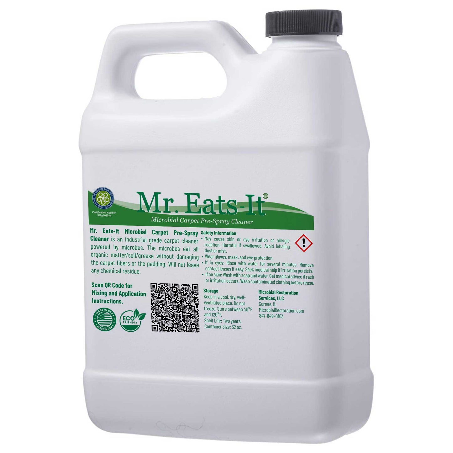 White 32 oz. container of 'Mr. Eats-It Carpet Pre-Spray Microbial Cleaner' with green label on a white background