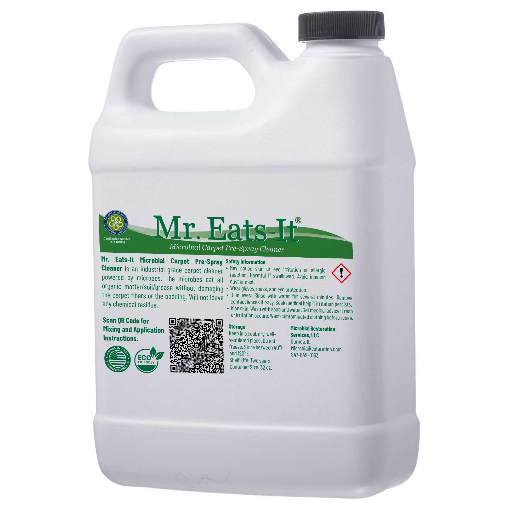 White 32 oz. container of 'Mr. Eats-It Carpet Pre-Spray Microbial Cleaner' with green label on a white background